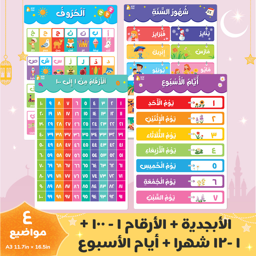 Arabic Educational Poster - Alphabet,Number 0-100, 0-12 Months, Days