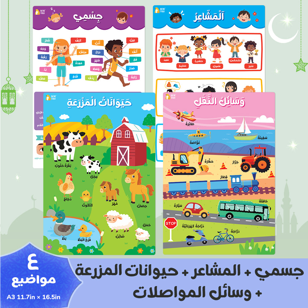 Arabic Educational Poster - My Body, Feelings, Farm Animals, Transportations