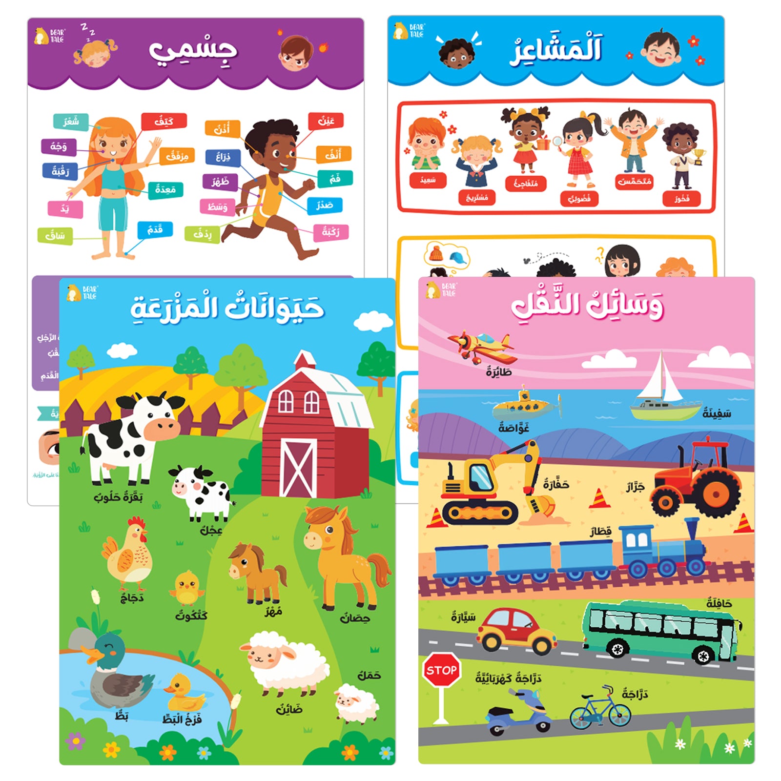 Arabic Educational Poster - My Body, Feelings, Farm Animals, Transportations