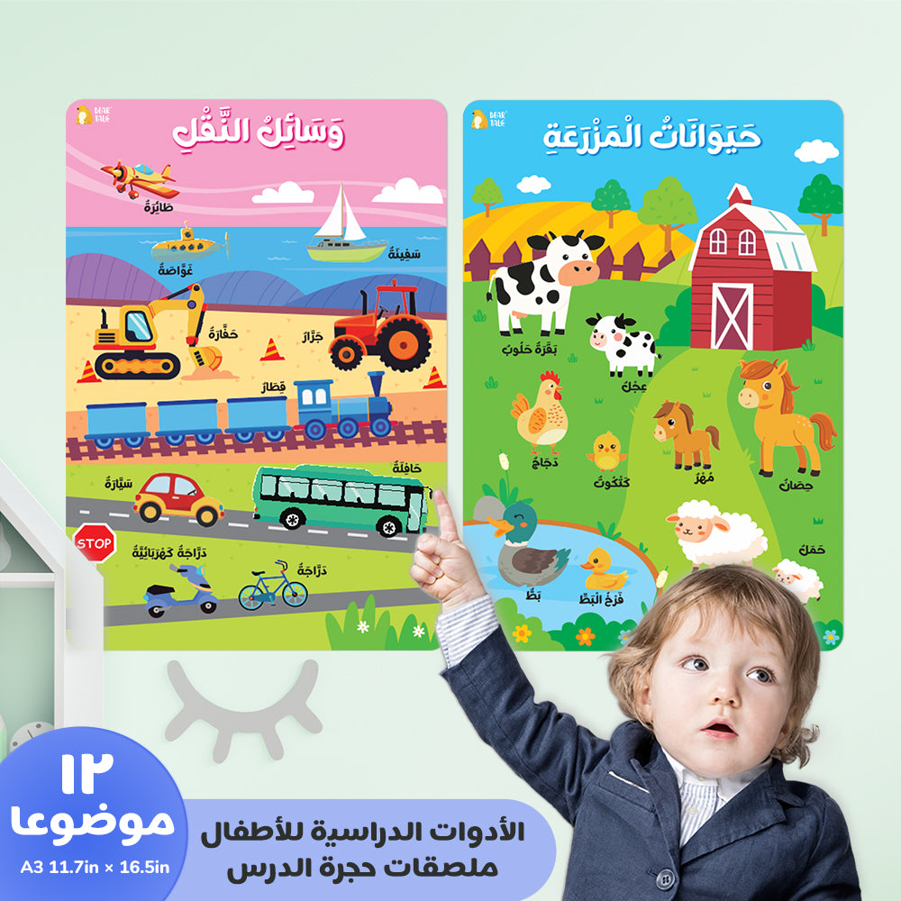 Arabic Educational Poster - My Body, Feelings, Farm Animals, Transportations