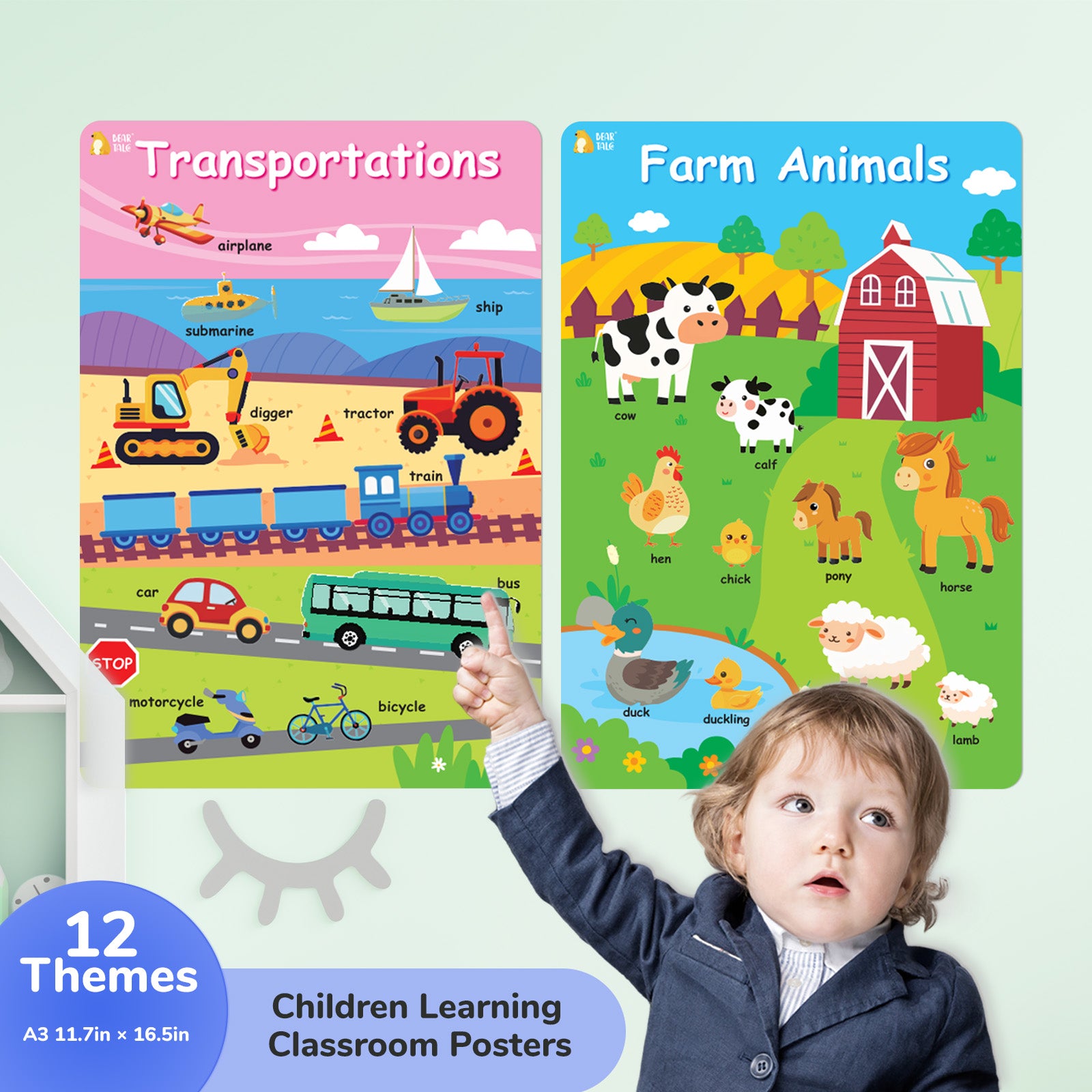 Educational Poster - My Body, Feelings, Farm Animals, Transportations