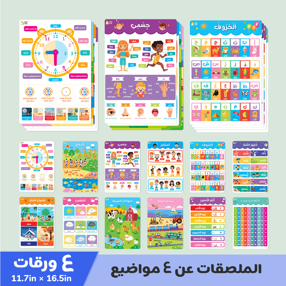 Arabic Educational Poster - My Body, Feelings, Farm Animals, Transportations