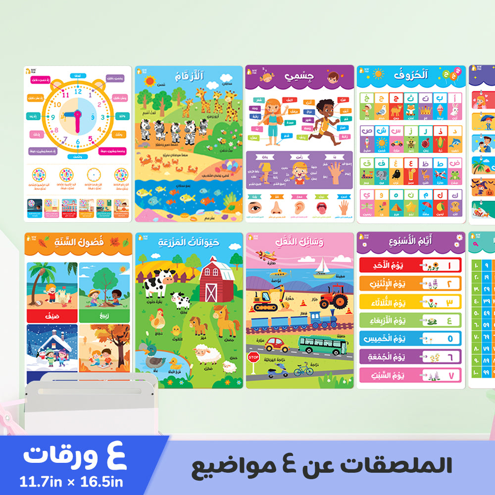 Arabic Educational Poster - My Body, Feelings, Farm Animals, Transportations