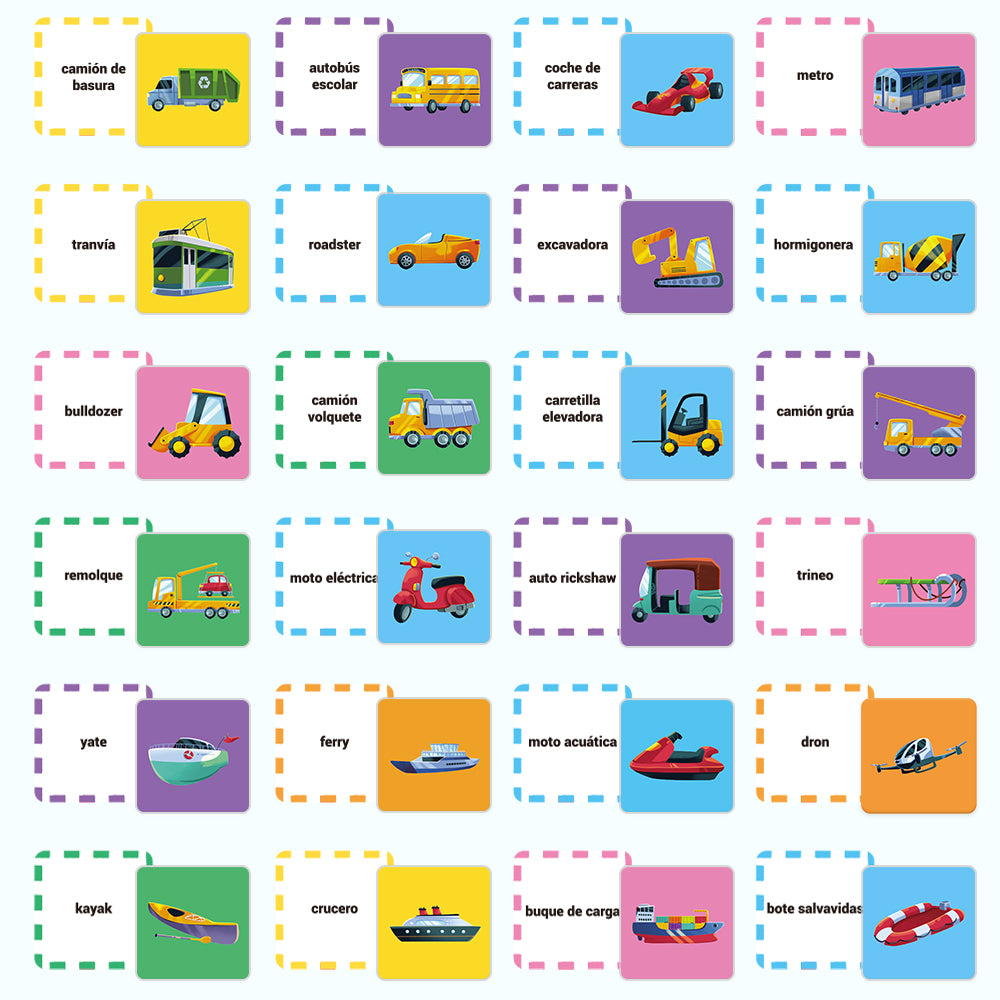 Spanish Cartoon Vehicles Flash Card