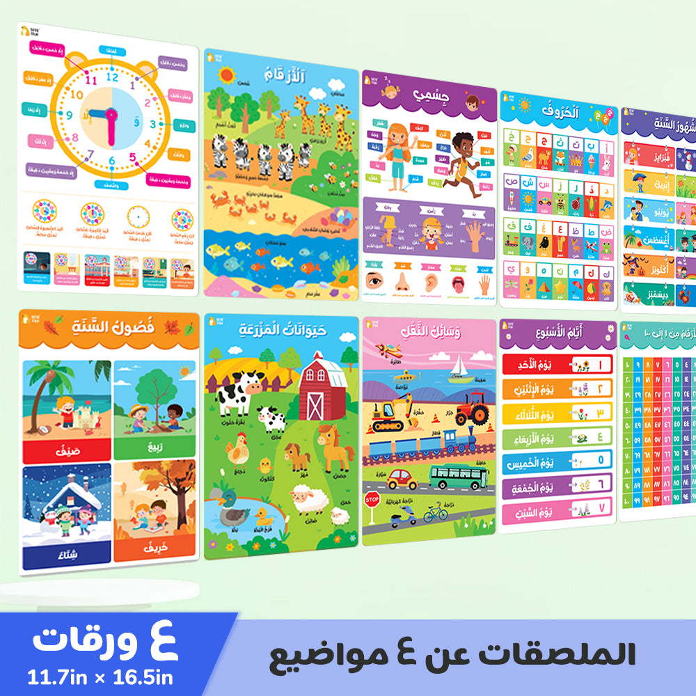 Arabic Educational Poster - My Body, Feelings, Farm Animals, Transportations
