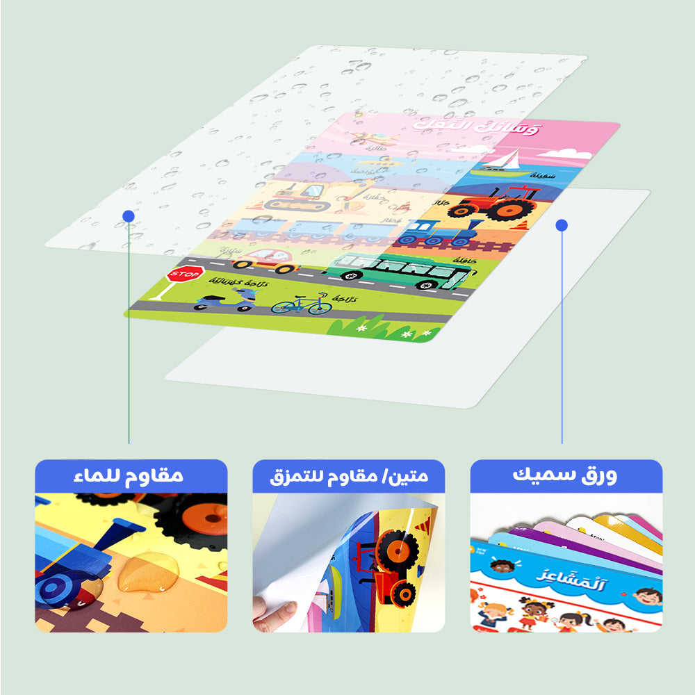 Arabic Educational Poster - My Body, Feelings, Farm Animals, Transportations