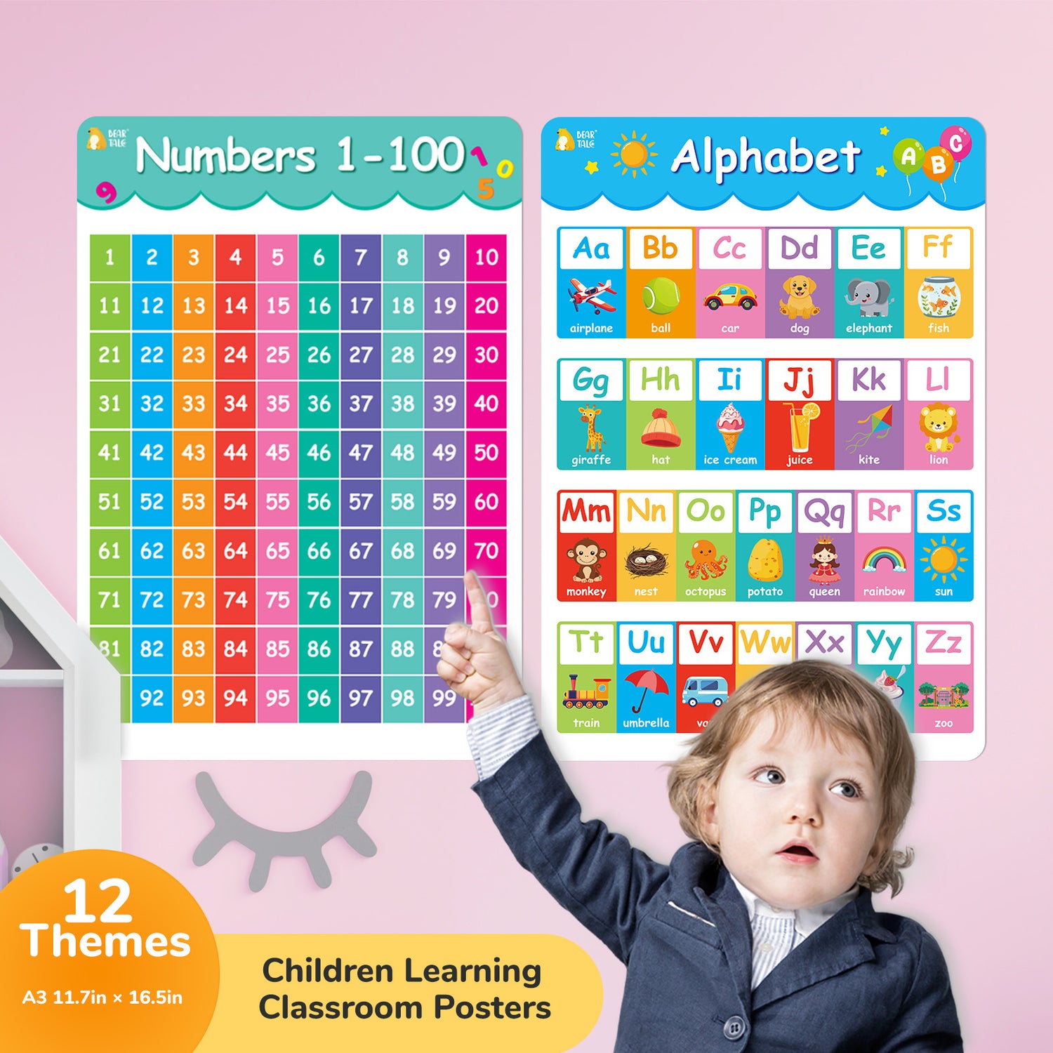 Educational Poster - Alphabet,Number 0-100, 0-12 Months, Days