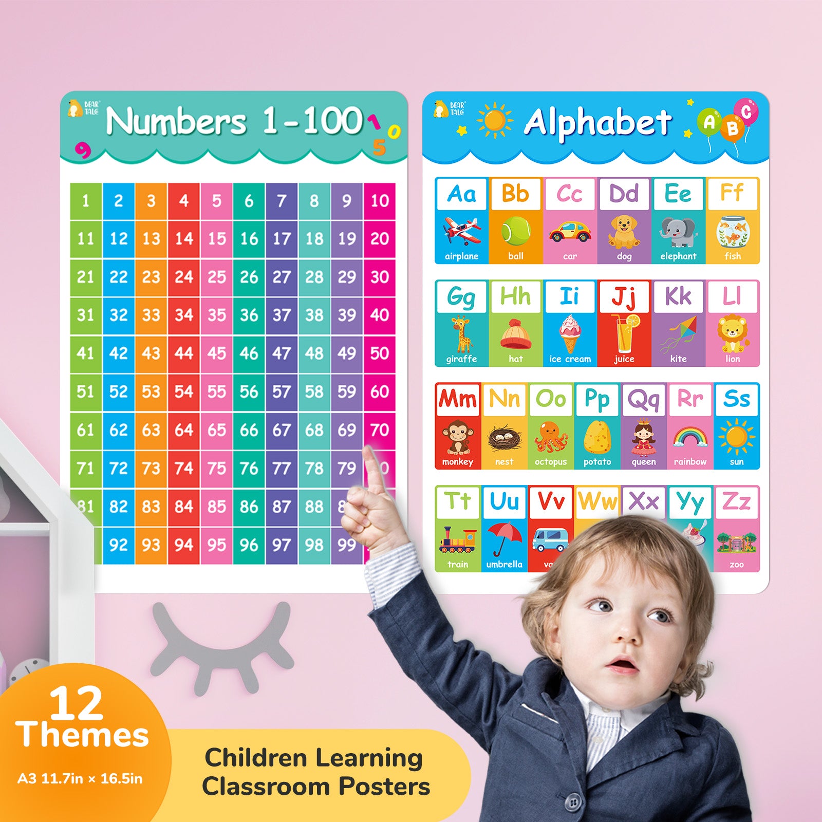 Educational Poster - Alphabet,Number 0-100, 0-12 Months, Days